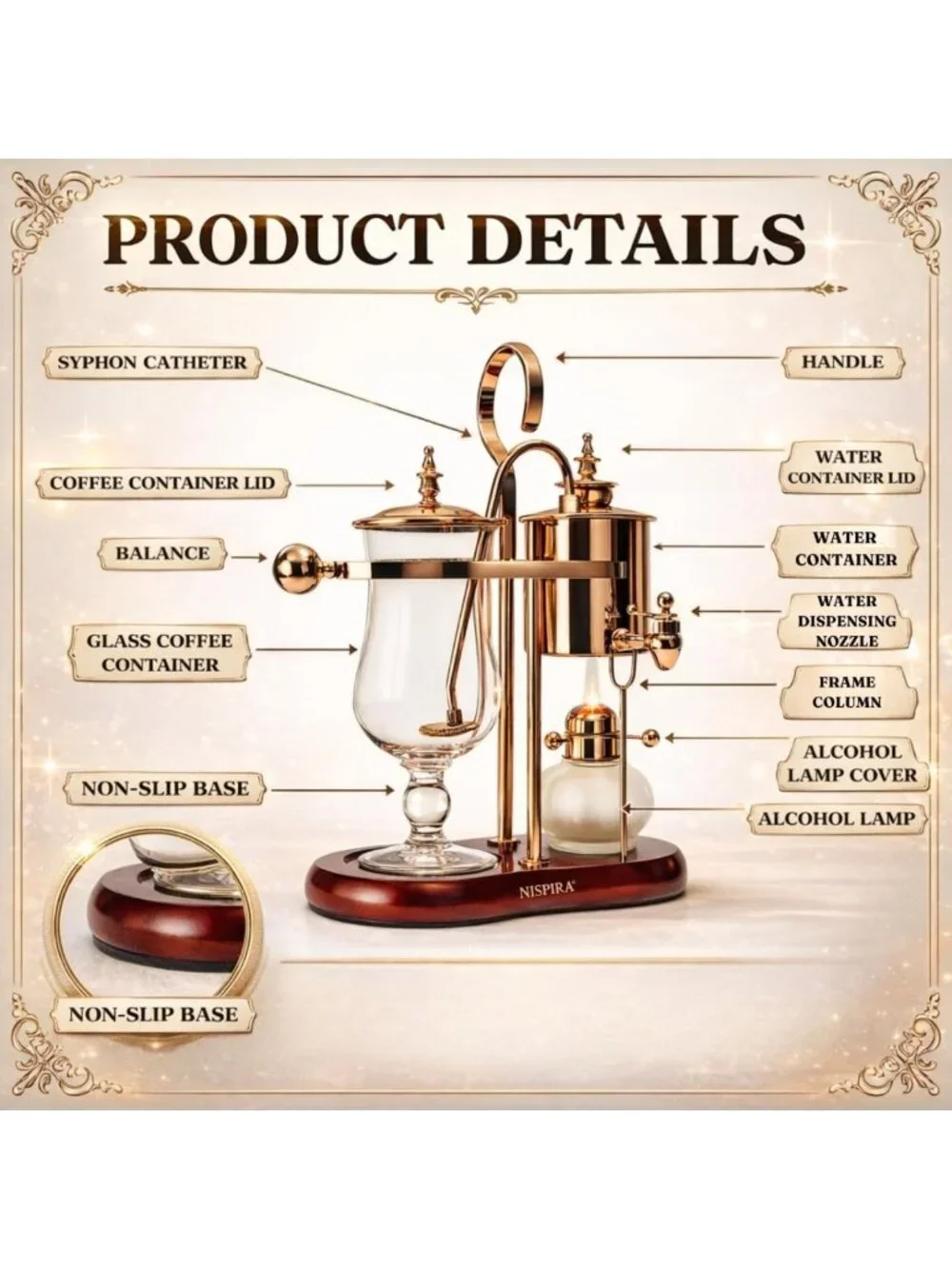Vintage Copper Vacuum Coffee Maker - Unique Gravity Syphon Brewing System 500ml